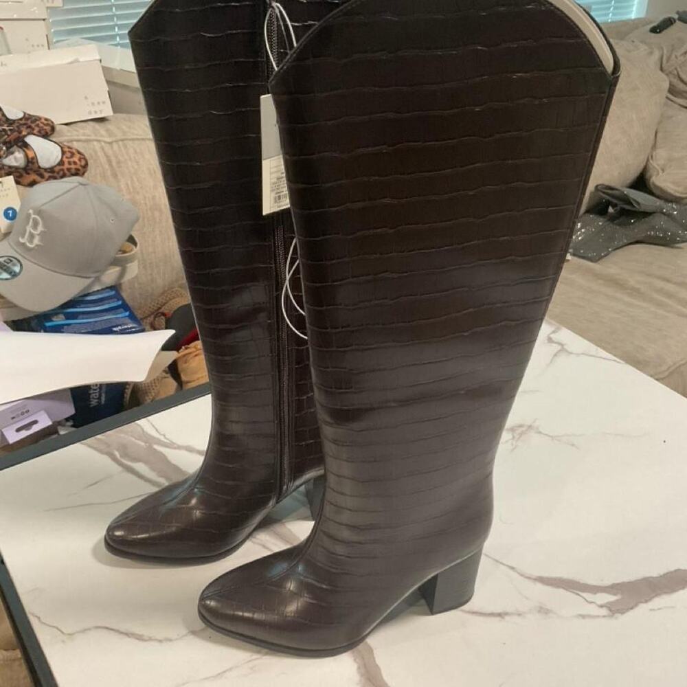 Brown crocodile textured knee high boots